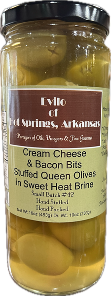 Greek Queen Halkidiki Cream Cheese and Bacon Bits in Sweetie Heetie Cheesie Brine Stuffed Olives
