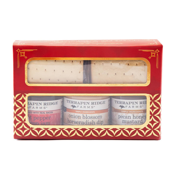 Holiday Gift Pack (Hot Pepper Bacon Jam, Onion Blossom Horseradish Dip, Pecan Honey Mustard and Sea Salt Gourmet Crackers.